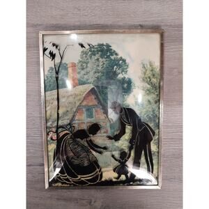 VTG Victorian Reverse Painted Silhouette Convex Bubble Glass Picture